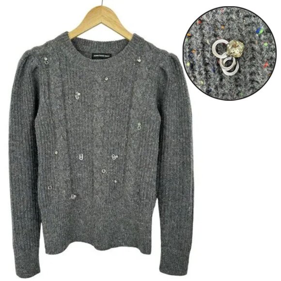 Something Navy Sweaters - Something Navy Womens Cable Knit Wool Sweater XS Gray Embellished Puff Sleeve